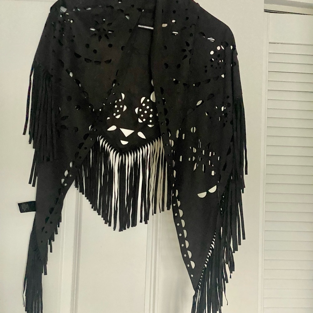 Fringe Shawl with Laser Cutout Design, Charcoal Grey